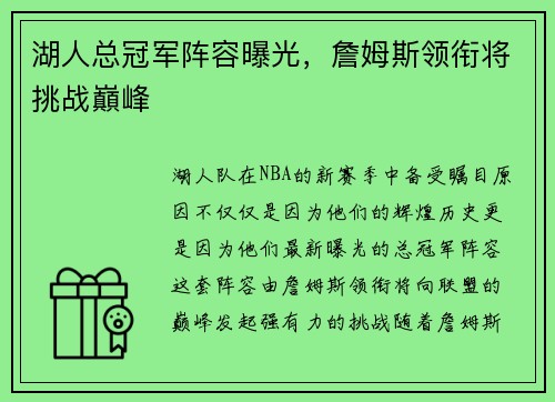 湖人总冠军阵容曝光，詹姆斯领衔将挑战巔峰